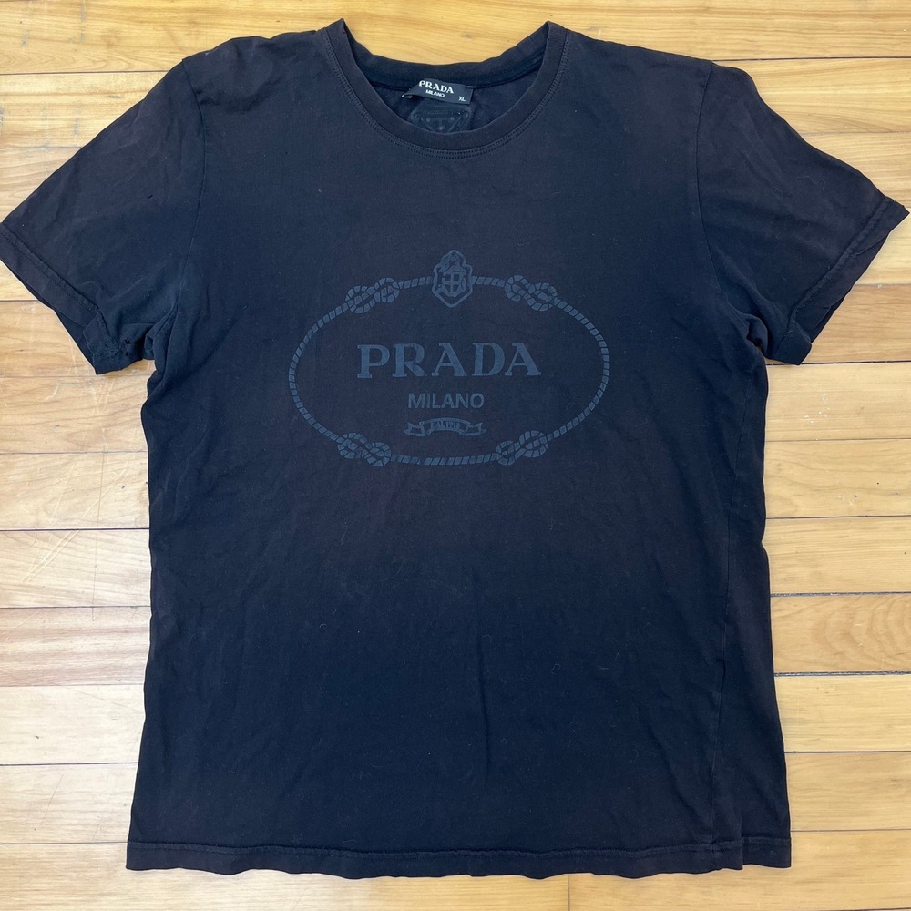 Prada Milano Black Logo T-Shirt Xl Distressed Triangle Back Logo Italy